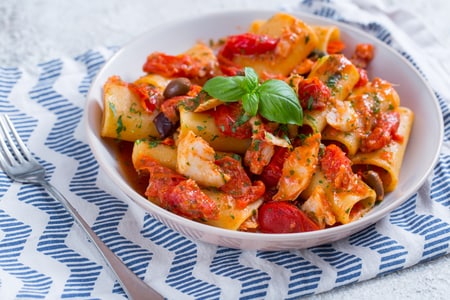 Paccheri with cherry tomatoes and cod