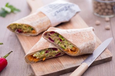 Wrap with spicy hummus and vegetables