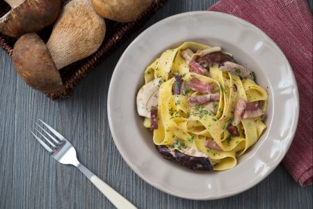 Pappardelle with speck and porcini mushrooms