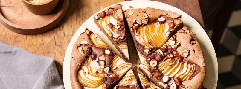 Chocolate and pear cake with cardamom and hazelnuts