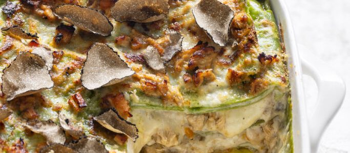 Green lasagna with guinea fowl ragout and truffle béchamel