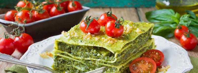 Green lasagnette with avocado pesto and cherry tomatoes