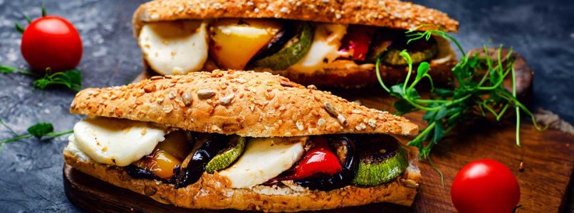 Grilled vegetable sandwiches with mozzarella and basil pesto