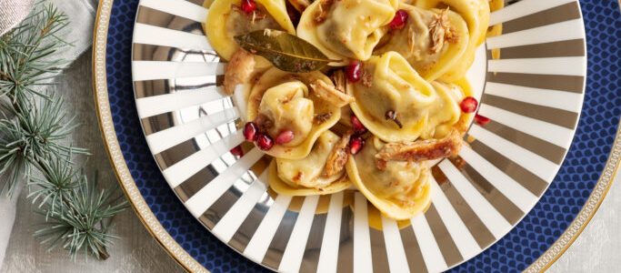 Guinea fowl tortelli with spiced butter and pomegranate