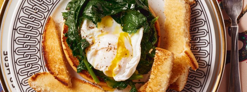 Hamburger recipe with poached egg and turnip greens