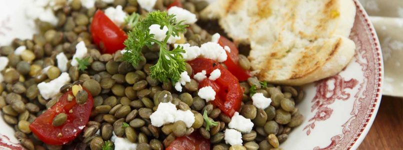 Lentil salad with feta, cherry tomatoes and olives