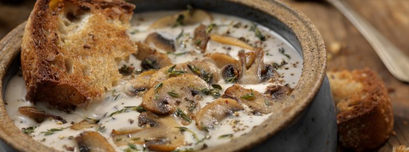 Mushroom soup is served with croutons