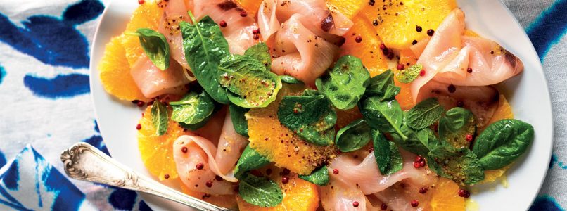 Oranges, swordfish and mustard spinach recipe
