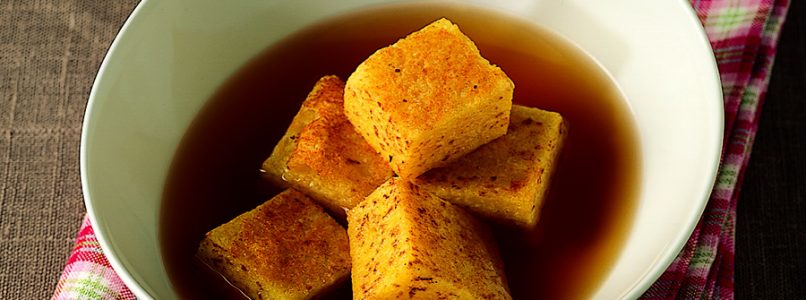 Polenta recipe in cubes in broth
