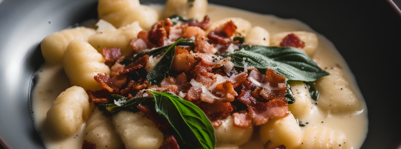 Potato gnocchi with bacon and basil