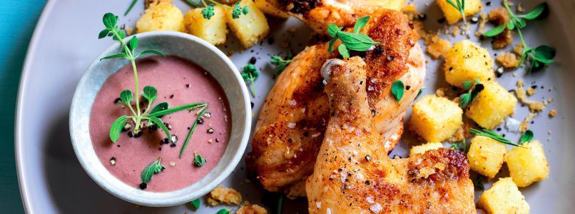 Recipe Roast chicken, grilled potatoes and mustard sauce