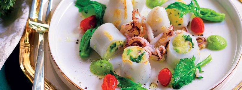 Recipe Squid stuffed with potatoes and turnip greens, courgette sauce and confit tomatoes