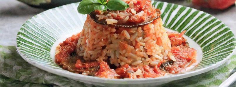 Rice flan with aubergines and peppers