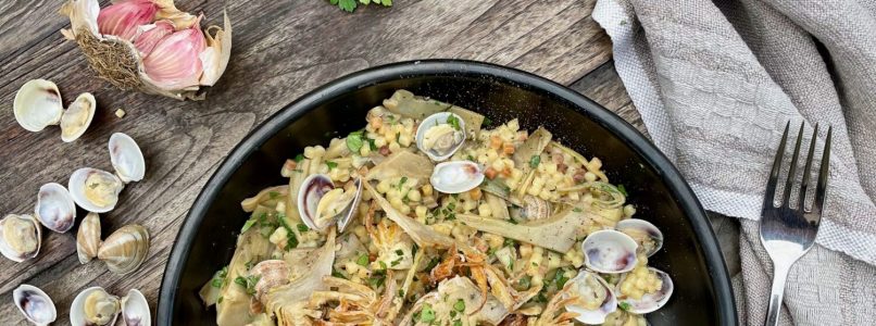 Sardinian fregola with artichokes and lupins