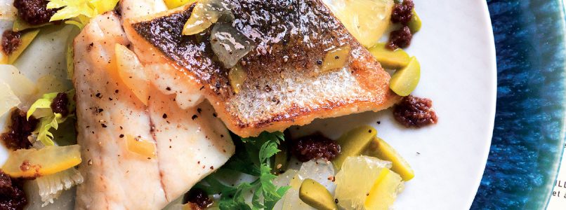 Sea bass recipe with olive pesto and candied lemon