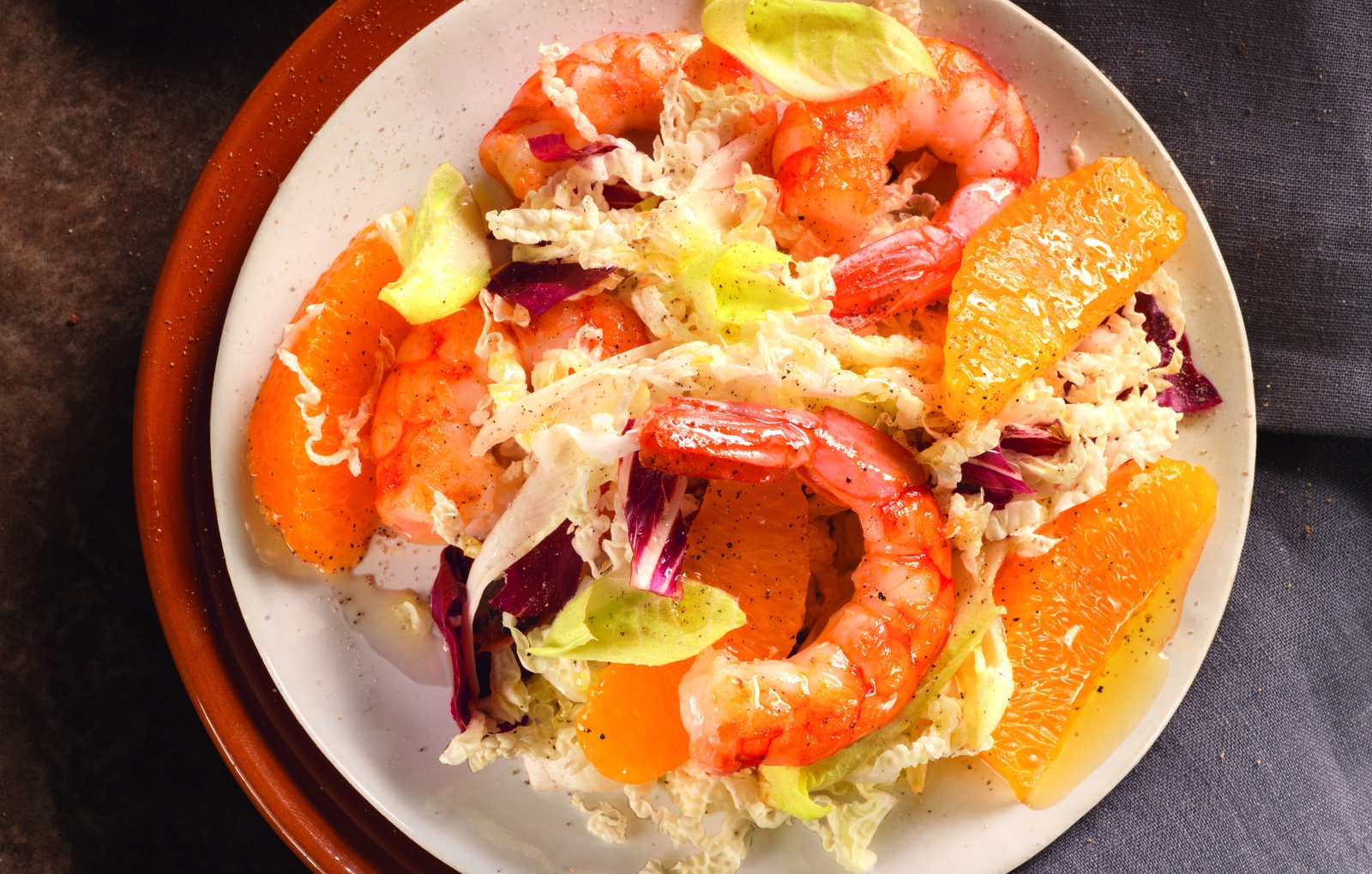 Sauteed shrimp, endives and orange