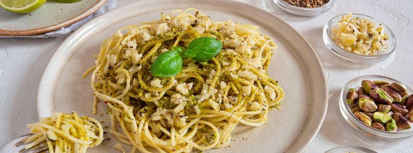 Spaghetti with burrata, pistachio pesto and dried tomatoes