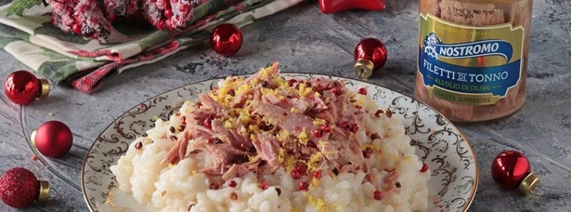 Lemon risotto with tuna and pink pepper