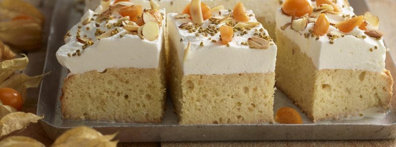 Tres leches cake with vanilla seeds and flaked almonds