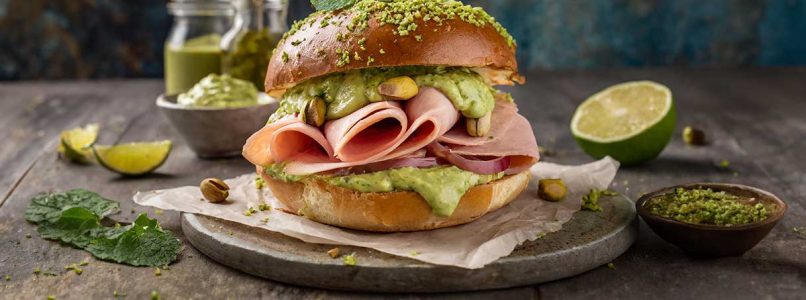 an explosion of flavor with pistachio pesto and lime mayonnaise