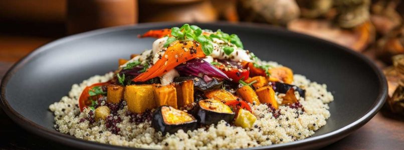quinoa salad with roasted vegetables on the table