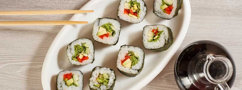 vegetarian sushi with avocado and vegetables, unique freshness and taste